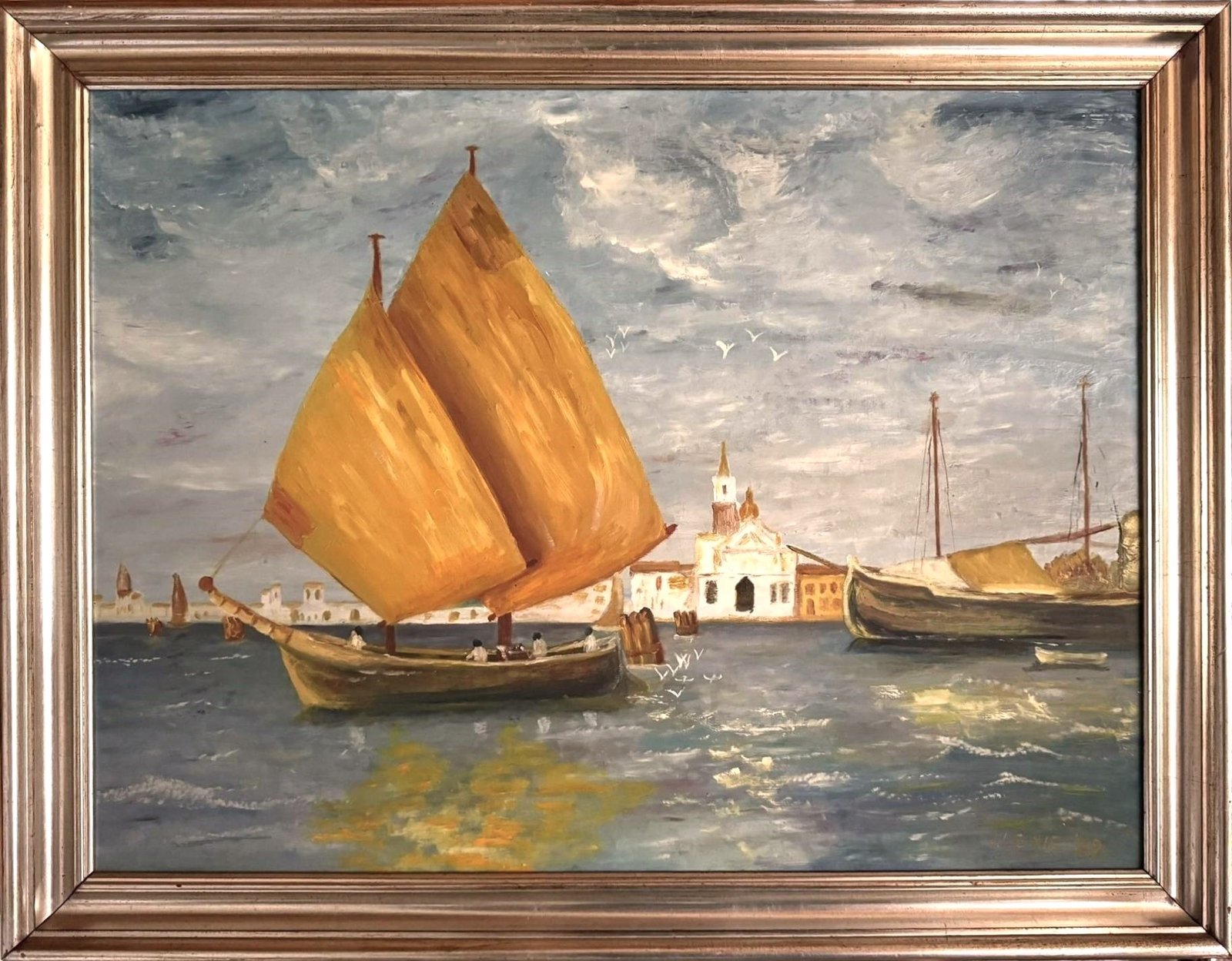 Venetian Harbor Painting with Sailboats, signed and dated